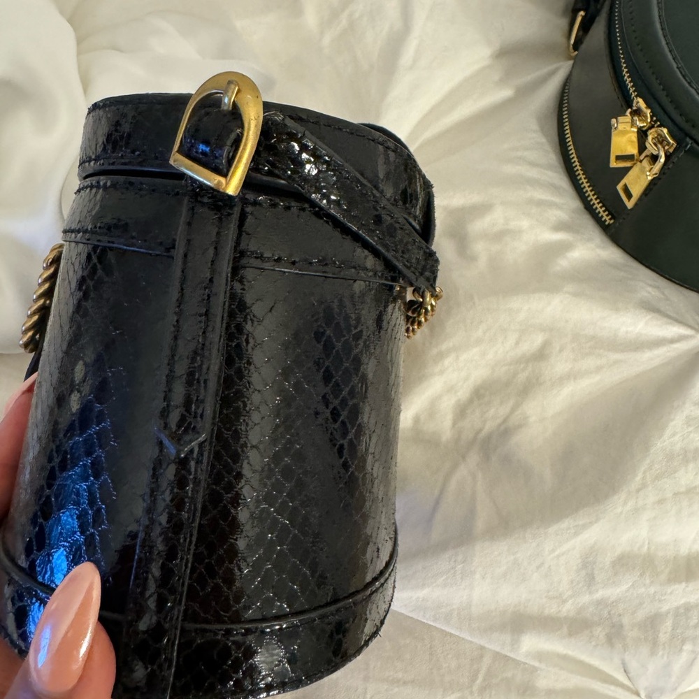 Black Snakeskin Bucket Bag with Gold Buckle Accent - Picture 3 of 11